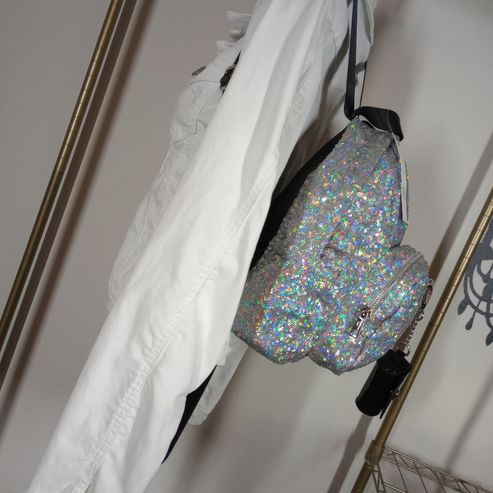Madden Girl Multifaceted Sequin Backpack with Black Patent Leather key Chain - Picture 17 of 17